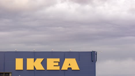 An-IKEA-building-in-front-of-a-moody-sky,-Borlange,-Sweden