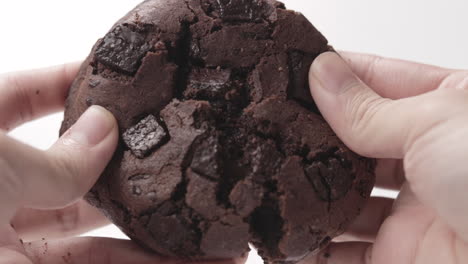 Double-Chocolate-Fudge-Cookie-Split-By-A-Person's-Hand
