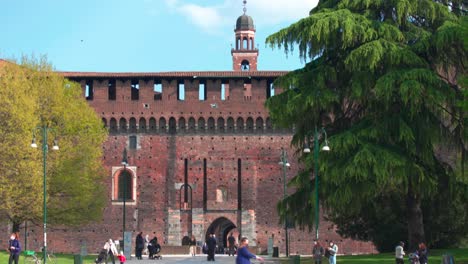 Milan,Italy-april-13,2021:Wonderful-panoramic-of-old-medieval-Sforza-castle,sunny-day-and-clouds,-Milan,Italy