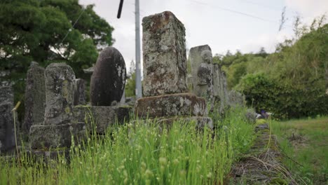 Small-Japanese-Cemetery,-Tombstones-covered-in-Lichen,-Tottori