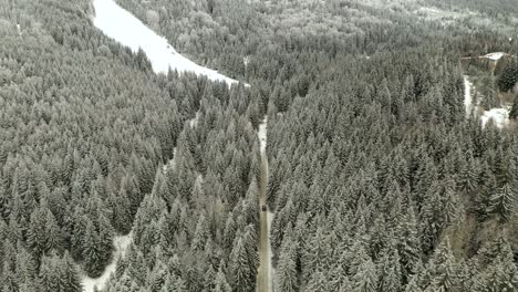 car-driving-on-snowy-mountain-road-in-winter-pine-forest,-aerial