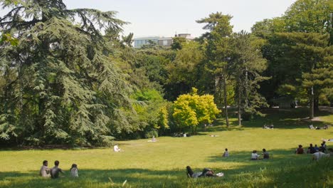 Kameraschwenk-Entlang-Des-Montsouris-parks-In-Paris,-Der-Menschen-Zeigt,-Die-Sich-In-Gruppen-Entspannen---Picknickplatz-In-Paris