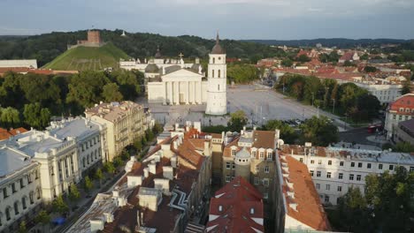 AERIAL:-Vilnius-Cathedral-and-Bell-Tower-in-Summer-During-Golden-Hour-Time-with-Gediminas-Avenue