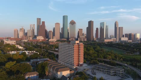 Aerial-shot-of-downtown-Houston-and-surrounding-landscape
