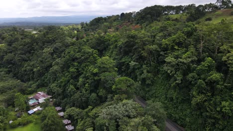 Drone-approaching-small-road-deep-within-thick-rain-forest-in-central-Costa-Rica