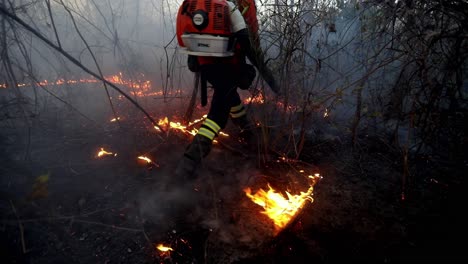 Tapferer-Held-Feuerwehrmann-Setzt-Ein-Gebläse-Ein,-Um-Ein-Verheerendes-Feuer-In-Der-Brasilianischen-Savanne-Unter-Kontrolle-Zu-Bringen