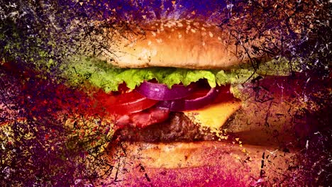 Überladener-Hamburger,-Der-Mit-Fliegenden-Winzigen-Stücken-Explodiert