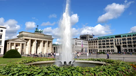 Berlin,-Germany---Circa-August,-2021:-The-Brandenburg-Gate-and-fountain-on-Pariser-Platz,-Neoclassical-style-city-landmark-from-18th-century