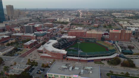 Aerial-view-around-the-Chickasaw-Bricktown-ballpark-in-Oklahoma-city---orbit,-drone-shot
