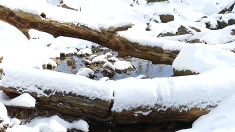 Small-Icy-River-Flowing-Trough-Snowy-Landscape---Slow-Pan-to-Right-Shot
