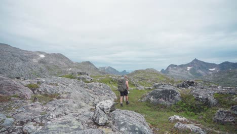 Hombre-Mochilero-Con-Su-Perro-Caminando-Por-Senderos-De-Hierba-Con-Grandes-Rocas-En-El-Parque-Nacional-De-Anderdalen,-Senja,-Noruega