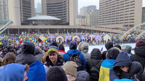Pro-Ukrainian-rally-against-war-invasion-from-Russia-at-Nathan-Phillips-Square-in-Toronto,-Ontario,-Canada