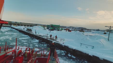 View-From-Deck-Of-Garinko-II-Ice-Breaker-Cruise-Ship-Coming-Into-Dock-At-Pier-In-Monbetsu
