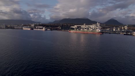 Cargo-ships-in-Vancouver-industrial-and-commercial-port,-Canada