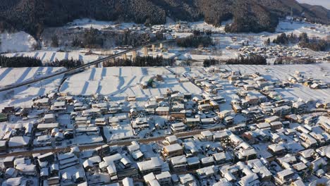 Nagano-Rural-Landscape-of-Yamanouchi,-Aerial-View-over-Snowy-Landscape,-Japan