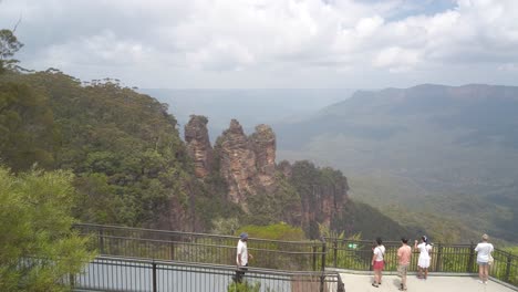 Tourists-sightseeing-at-Three-Sisters-rocks-formation,-Blue-Mountains-Sydney,-Australia