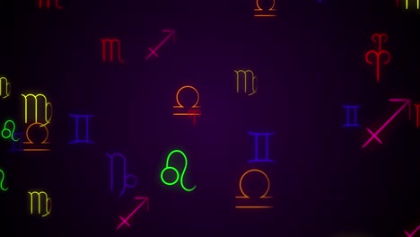 Zodiac-Sign-Icon-Symbols-in-Neon-Style-Seamles-Background-Loop-for-Astrology,-Horoscope,-Science-Presentations,-Webs-Etc