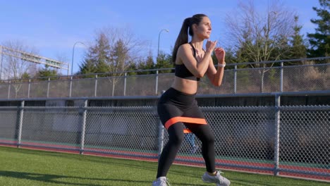 Athletic-woman-exercising-walking-squat-using-resistance-band