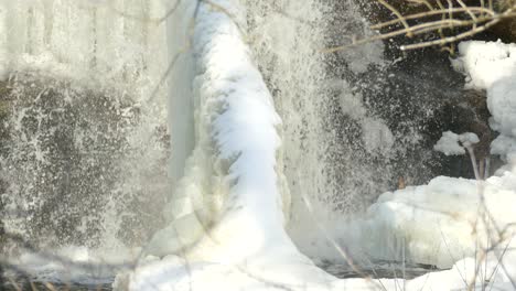 Ice-and-snow-build-up-at-the-base-of-a-rushing-pounding-winter-waterfall