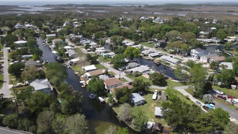aerial-of-Weeki-Wachee-Gardens-subdivision,-canals,-and-estuary-of-the-Weeki-Wachee-rivers