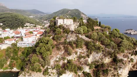 Medieval-Venetian-Castle-at-Hilltop-in-Parga,-Epirus,-Greece---Aerial