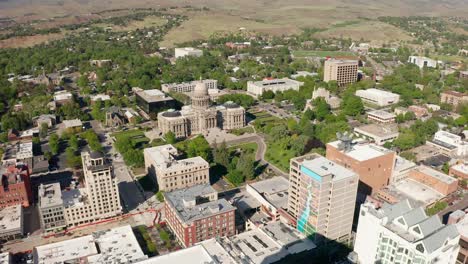 Wide-establishing-aerial-shot-of-Boise's-downtown-district-featuring-the-Idaho-State-Capitol-building