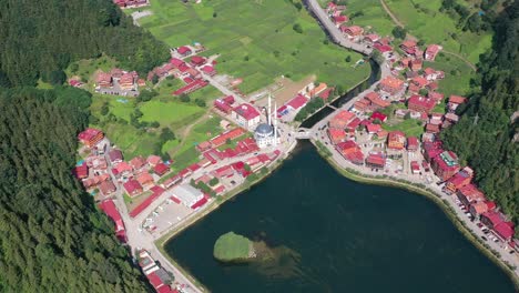 Luftaufnahme-Eines-Bergdorfes-In-Uzungol-Trabzon-Voller-Häuser-Mit-Roten-Dächern-Und-Einer-Moschee-In-Der-Mitte-Neben-Einem-Wunderschönen-See-An-Einem-Sonnigen-Sommertag-In-Der-Türkei