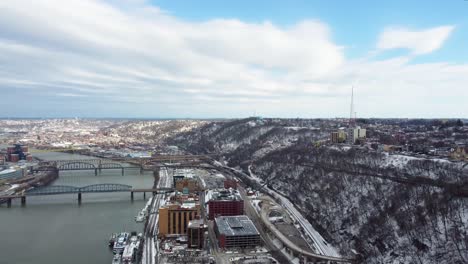 Drone-Aerial-View-of-Snow-covered-mount-Washington-in-Pittsburgh
