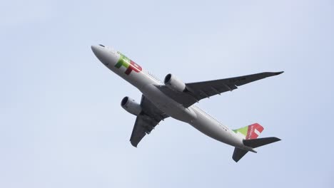 Toronto,-Ontario,-Canada---May-1,-2022:-TAP-Air-Portugal-Airbus-A330-neo-Jet-Airliner-taking-off-from-the-airport-against-a-clear-blue-sky-background