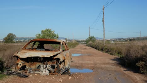 An-old-abandoned-and-rusty-car-on-a-dirt-road-outside-the-city-and-away-from-the-highway
