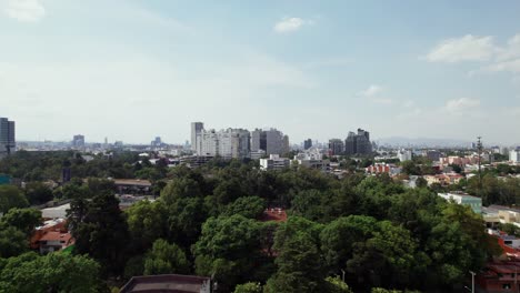 Aerial-View-Over-Treetops-In-The-Coyoacan-Borough-In-Mexico-City