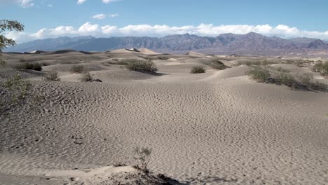 Sandy-low-dunes-with-small-shrubs-in-Death-Valley,-Mojave-Desert,-California,-Aerial-dolly-in-shot