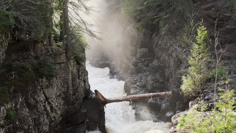 Fallen-tree-over-rushing-canyon-river-with-misty-sunbeams