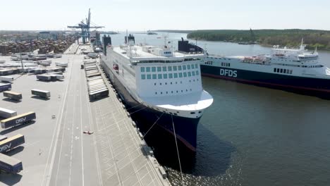 Aerial-view,-the-new-ferry-Luna-Seaways-moored-at-the-ferry-terminal-in-Klaipeda-port