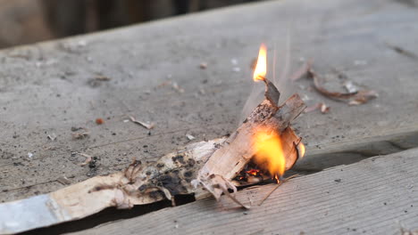 Using-a-magnesium-fire-starter-to-light-pieces-of-birch-bark-on-fire