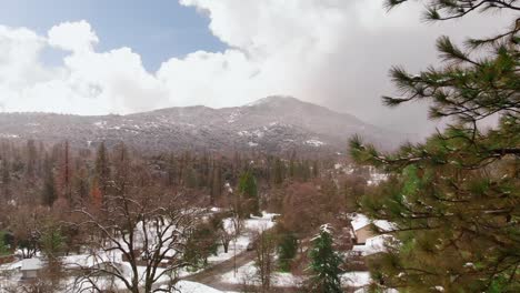 Luftfliegen-Durch-Baumwipfel,-Die-Bei-Schneefall-Die-Schneebedeckte-Nachbarschaft-Und-Die-Berglandschaft-Enthüllen