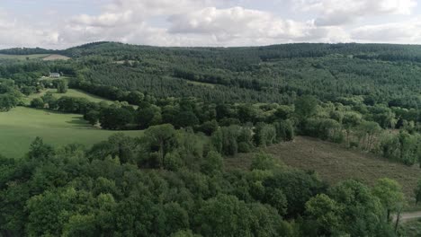 Aerial-view-over-a-rural-area-with-a-mix-of-green-fields-and-dense-forest