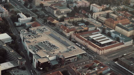 Aerial-view-of-Nitra-town-main-intersection-at-sunset