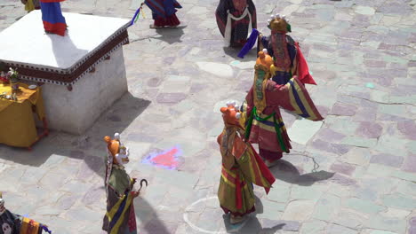 Chham-dance-performed-by-masked-monks-at-Hemis-monastery-on-Hemis-festival,-shot-from-above
