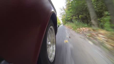 Low-point-of-view-shot-on-moving-car-on-paved-road-through-a-forested-area