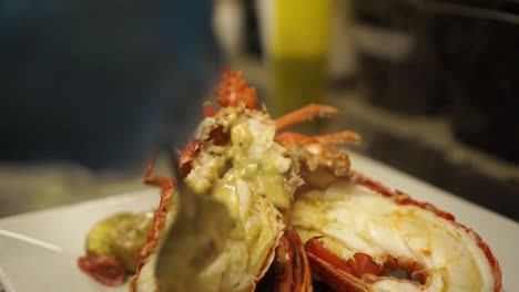 SLOWMO---Close-Up---Putting-a-gravy-on-a-cooked-New-Zealand-crayfish