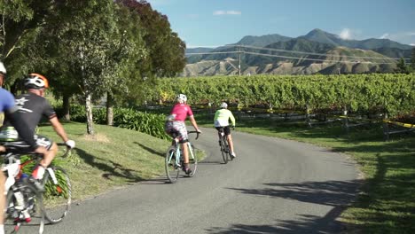 Toma-Estática-Siguiendo-A-Un-Grupo-De-Ciclistas-Desde-Atrás-Corriendo-Con-Una-Bodega-Y-Montañas-En-El-Fondo---Marlborough,-Nueva-Zelanda