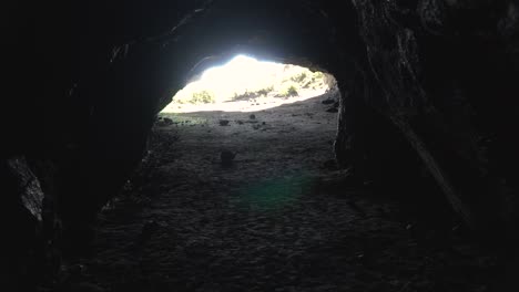 SLOWMO---Daylight-sun-rays-at-end-of-lava-cave-in-New-Zealand