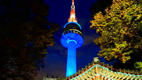 Seoul-South-Korea---Circa-Time-lapse-of-the-colorful-night-light-on-the-Seoul-Tower,-South-Korea