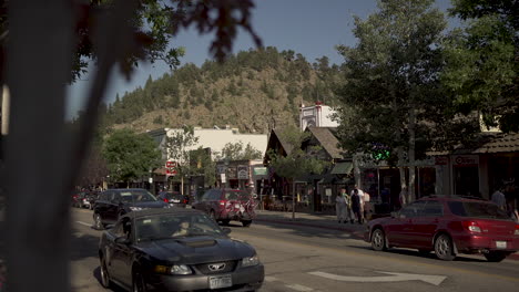Slider-shot-of-small-downtown-tourist-town-in-Colorado