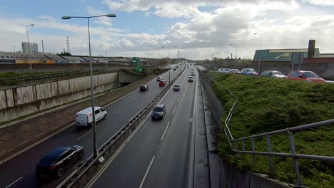 Footage-of-the-A50,-A500-dual-carriage-way,-motorway-near-the-City-centre,-midlands,-busy-commuter,-logistic-throughway-for-lorries-and-all-vehicles