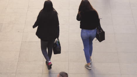 Dos-Mujeres-Jóvenes-Caminando-Hacia-Una-Plataforma-De-Tren,-Imágenes-En-Cámara-Lenta-De-La-Estación-Central-De-Amberes-Durante-Un-Día-Soleado