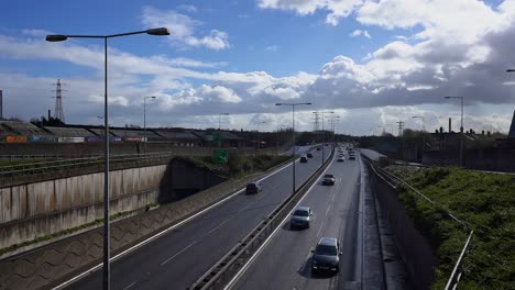 Footage-of-the-A50,-A500-dual-carriage-way,-motorway-near-the-City-centre,-midlands,-busy-commuter,-logistic-throughway-for-lorries-and-all-vehicles