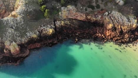 Aerial-Shot-Of-A-Rocky-Shore-Line,-With-A-Bird-Flying-By