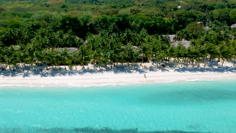 aerial-pan-along-beautiful-palm-tree-lined-beach-with-turquoise-blue-sea-and-White-sand,-Panglao-island,-Bohol,-Visayas,-Philippines